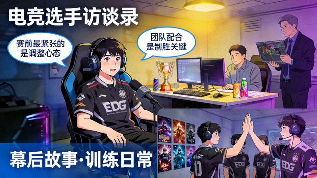 电竞娱乐插画：选手访谈与幕后故事纪实画面