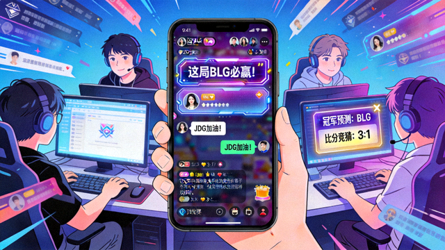 电竞娱乐插画：玩家水友讨论区与竞猜互动场景